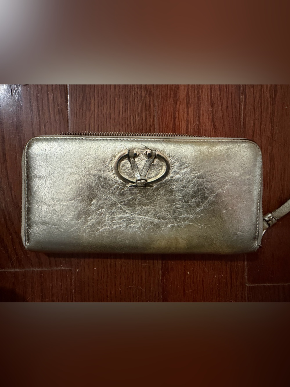 Valentino Garavani Metallic Gold Leather Zip Around Wallet Made in Italy